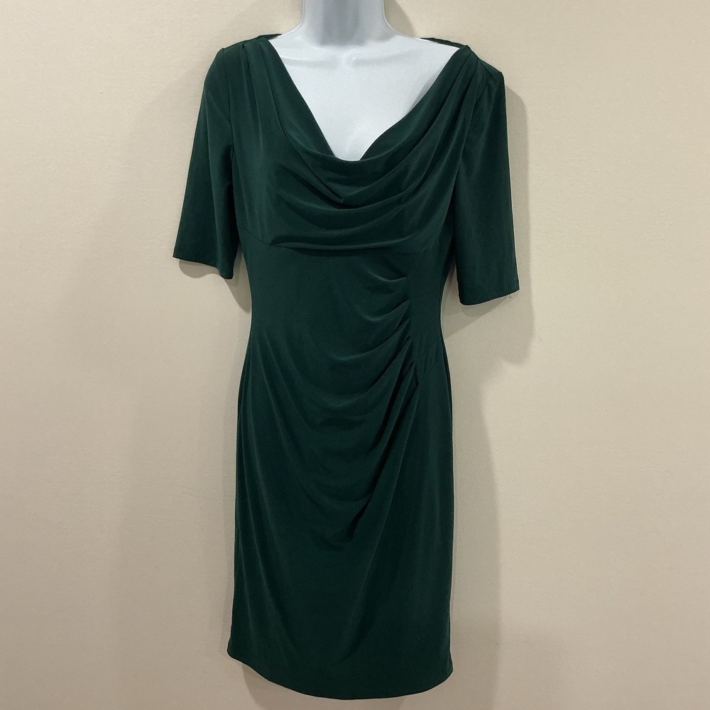 Lauren Ralph Lauren Green Draped Cowl Sheath Dress Stretch Cocktail Career Sz 6